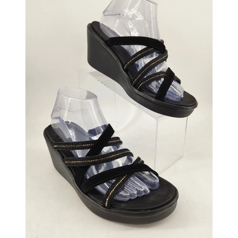 Skechers Cali Rumble On Classy Way Wedge Sandals Womens 7 Black Strappy Shimmer